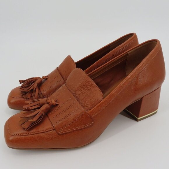 Franco Sarto Women 7.5 M ROME Cognac Brown Leather Tassel Gold Trim Loafer Heels - Picture 12 of 13